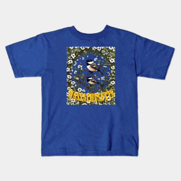 Massachusetts Black-capped Chickadee Bird And Mayflowers Kids T-Shirt by taiche